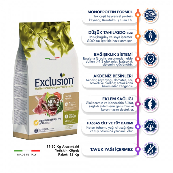 Exclusion Monoprotein Kuzu Etli ve Narlı Düşük Tahıllı Orta Irk Yetişkin Köpek Maması 12kg