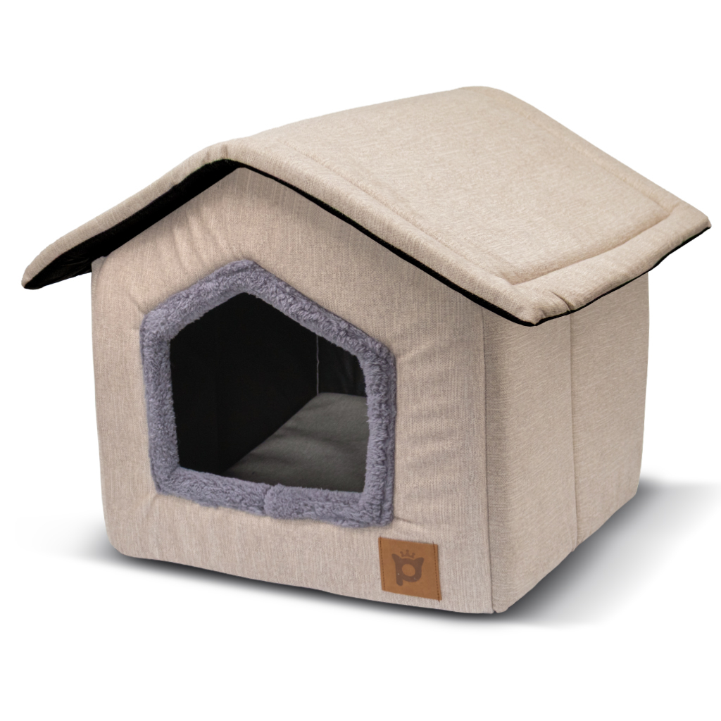 Petlebi Ev Modeli Kedi ve Küçük Irk Köpek Yatağı 40x40x40cm (Bej) — görsel 2
