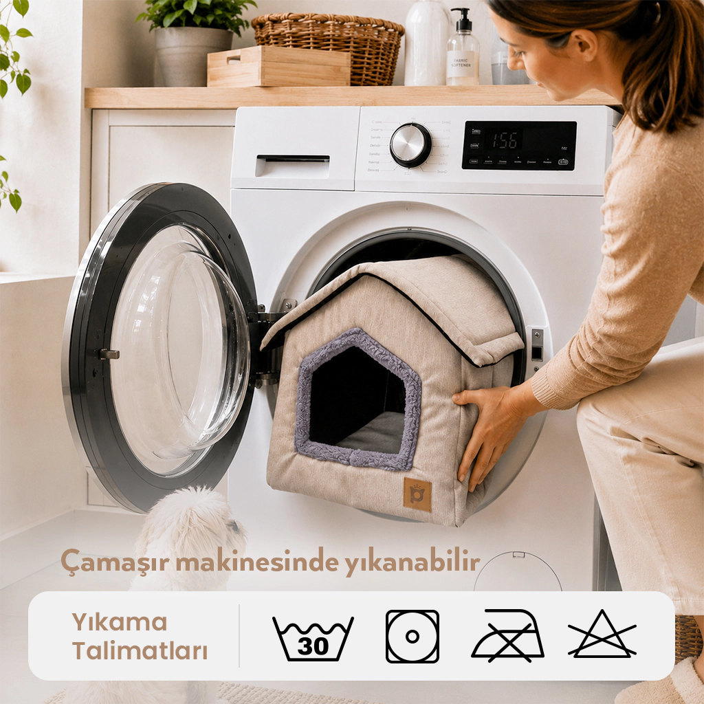 Petlebi Ev Modeli Kedi ve Küçük Irk Köpek Yatağı 40x40x40cm (Bej) — görsel 4