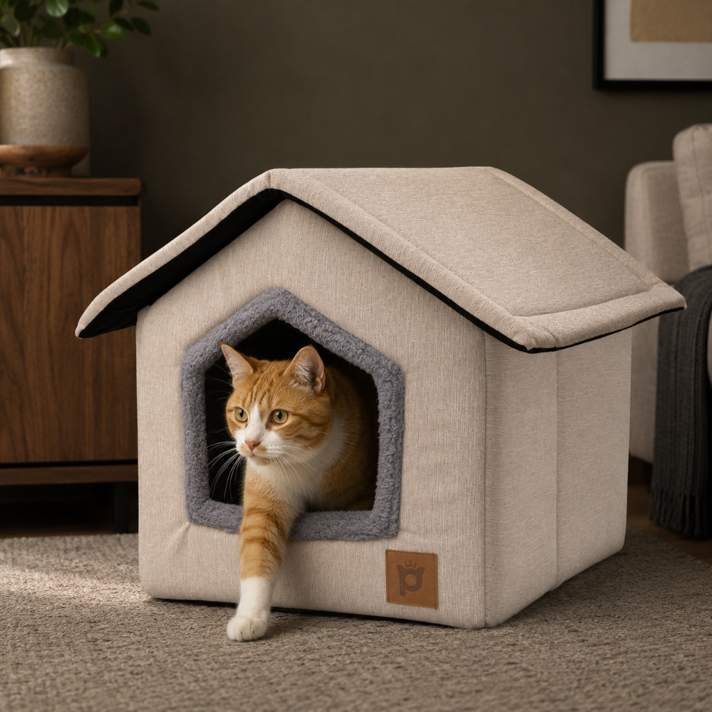Petlebi Ev Modeli Kedi ve Küçük Irk Köpek Yatağı 40x40x40cm (Bej)