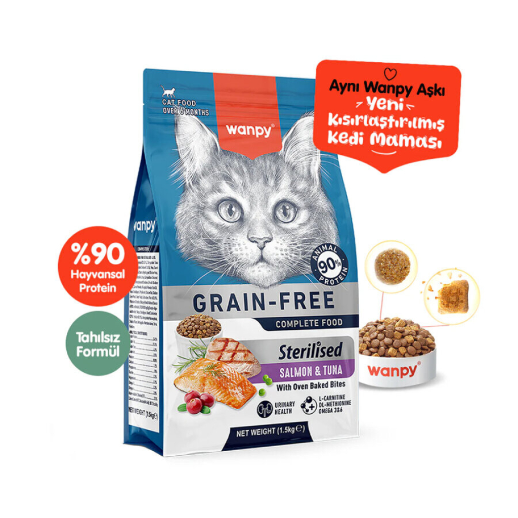 Wanpy Somon ve Ton Balıklı Tahılsız Kısırlaştırılmış Kedi Maması 1,5kg